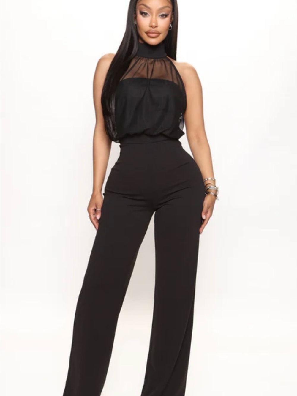 Fashion Nova Black Sheer Halter Wide-Leg Jumpsuit - Picture 1 of 7
